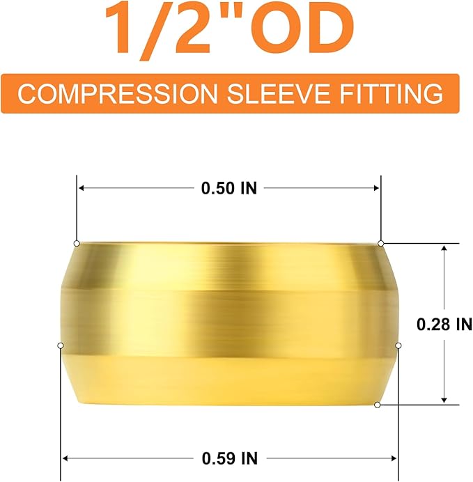 GASHER 100PCS Brass Compression Fitting, Brass Compression Sleeve Ferrules 1/2" Tube OD