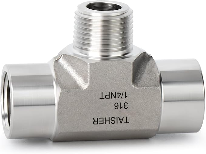 TAISHER 1PCS Forging of 316L Stainless Steel Tee Pipe Fittings, 1/4" NPT Female x 1/4" NPT Male x 1/4" NPT Female Pipe Fittings, Male Branch Tee