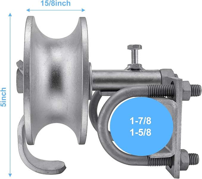 Sliding Gate Rollers, 5" Galvanized Steel Pipe Track Wheels for Chain Link Sliding Gates, Fits 1-7/8" and 1-5/8" Gate Frames & Track Pipes, Double U Bolt Hardware, Pack of 4