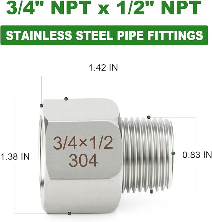 TAISHER 5PCS 304 Stainless Steel Pipe Fitting, New Reducer Adapter, 1/2" NPT Male x 3/4" NPT Female, Reducing Pipe Adapter Fitting