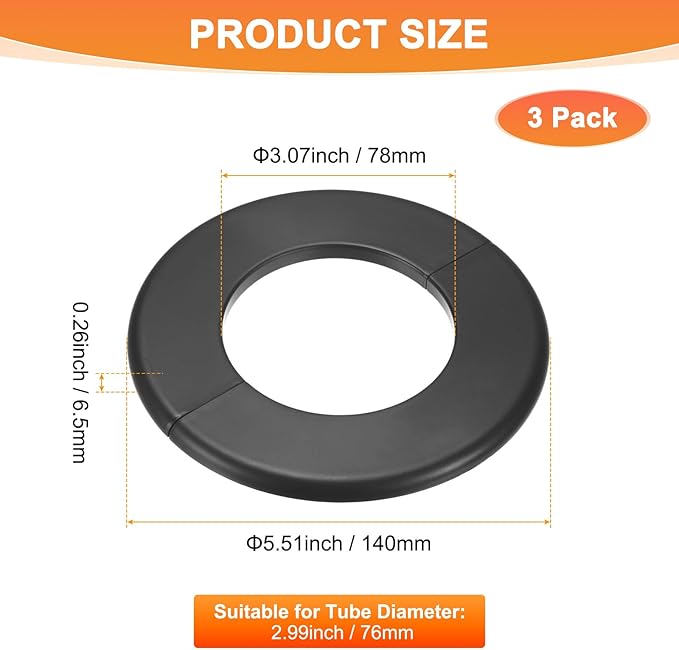 3-Pack Wall Split Flange, ABS Round Self-Adhesive Escutcheon Plate Cover Buckle for 76mm/2.99 in Dia Pipe Accessories/Floor/Ceiling, Plumbing Cover Plates [Black,6.5mm/0.26in H]