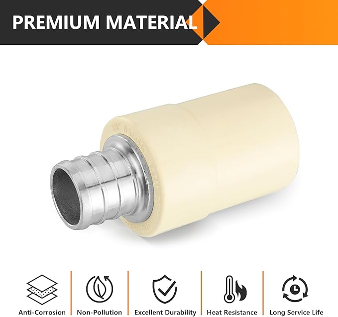 20-Pack HeSun 3/4-Inch CPVC Transition Coupling, 3/4" PEX x 3/4" CPVC Brass Crimp Pex Fittings, ASTM F1807(PEX1807342-20)