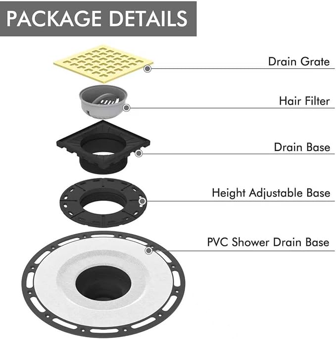 Shower Drain Kit with Stainless Steel Grate, Floor Drain System with Hair Strainer, Easy Installation for Tiled Showers and Bathrooms, ST-KIT-G