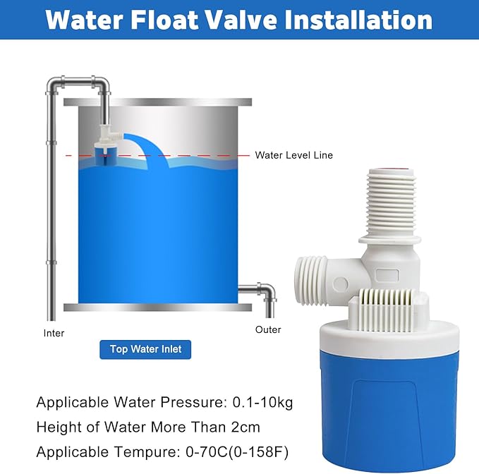 1/2" Water Float Valve Inside Type, 2 PCS 1/2 Inch Top Inlet Automatic Water Level Control Valve Uesd for Water Tank, Swimming Pools, Livestock Tanks, Aquaculture, Aquariums