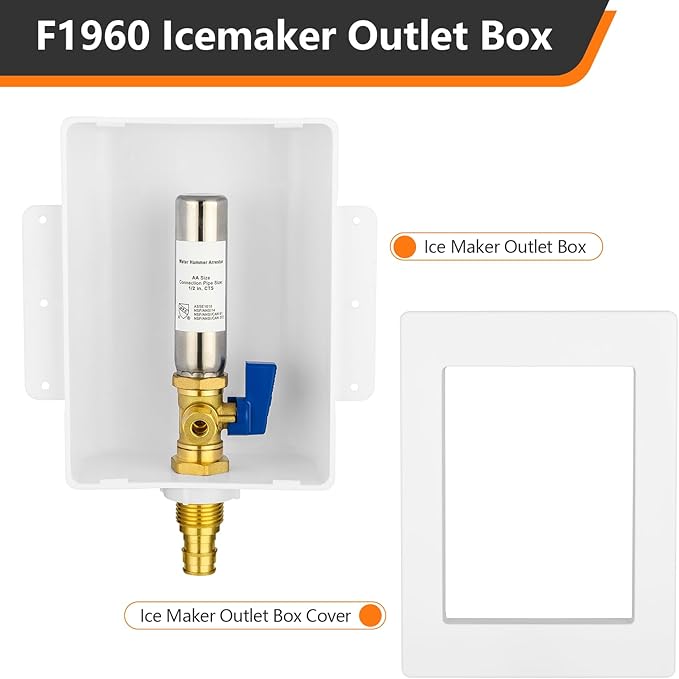 HeSun PEX-A Ice Maker Outlet Box,Inlet 1/2 Inch F1960 Expansion x Outlet 1/4 Inch OD Compression Connection,with Stainless Steel Water Hammer Arrestor