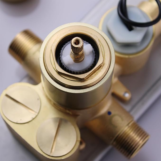 2 Way Shower Diverter Valve Brass 2 Functions Digital Temperature Display Thermostatic Shower Mixing Kit 3 Handle Flow Cotrol Valve, Can Run Simultaneously (Brushed Gold)