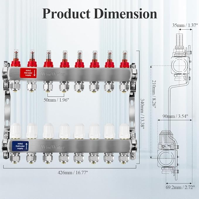 AB 8 Loops Pex/Radiant Manifold, ½ Inch Compatible Outlets, Up to 1.4 GPM Flow Valve for Hydronic Radiant Floor Heating(1/2" Connectors Included)