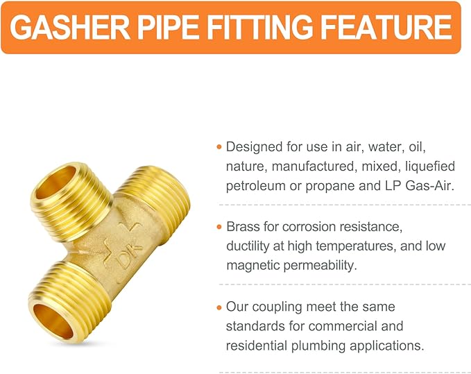 GASHER 2PCS Brass Male Tee Pipe Fitting T Adapter, 3 Way Brass Fitting 1/8" x 1/8" x 1/8" NPT T Fitting