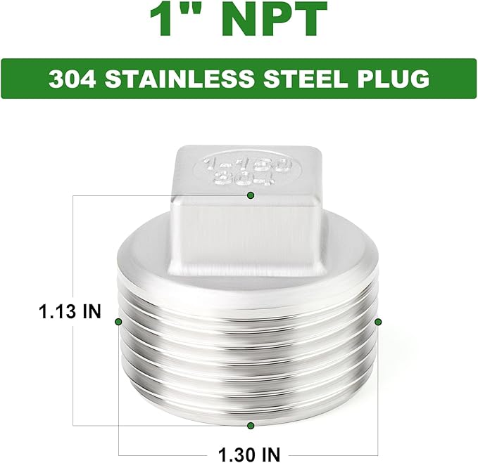 TAISHER 5PCS 304 Stainless Steel Outer Square Thread Socket Pipe Plug Fitting 1" NPT Male