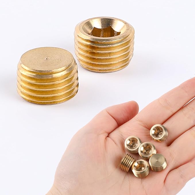 10 PCS 1/4" NPT Male Pipe Plug Fitting Set Brass Hex Counter Sunk Plugs for Closing the End of Pipe, Internal Hex Socket Thread Plug Kit