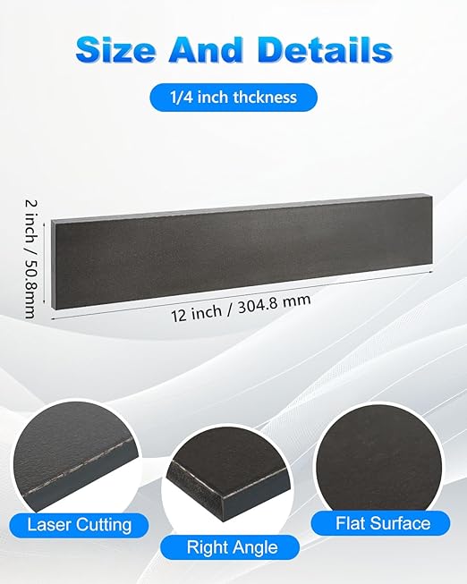 Rocaris 2 Pcs 2 x 1/4 x 12 Inch A36 Hot Rolled Steel Base Plate, Steel Flat Bar Metal Stock for Construction Boards, Structure Support, Weldable Square and Industrial