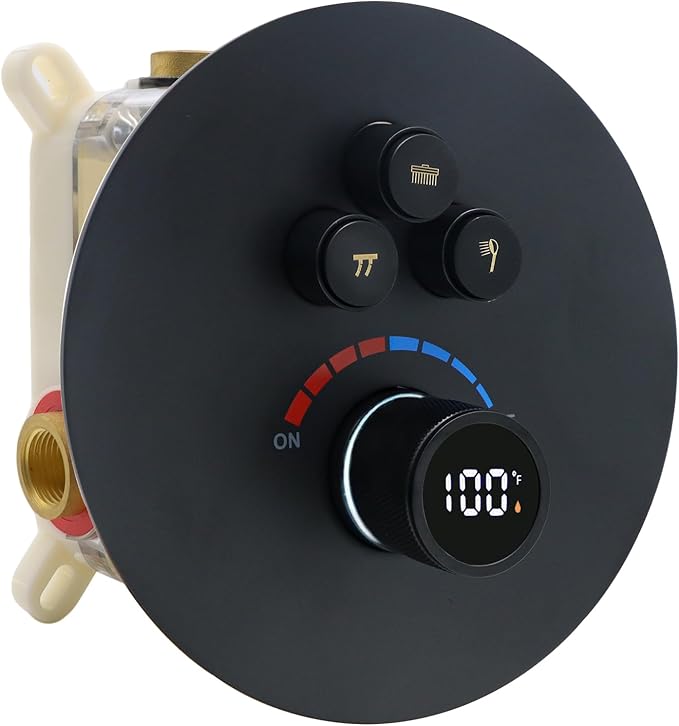 Round Digital Display Shower Valve 3 Way Shower Mixing Valve Concealed Installation Can Use All the Time Matte Black