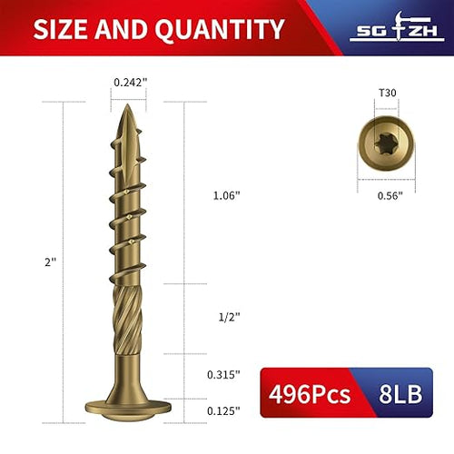 #14 x 2 Inch Lag Screws (496Pcs) 8lb. Structural Wood Screw, Bronze, Carbon Steel, Washer Head, Rust Resistant epoxy Coated, T30 Star Bit
