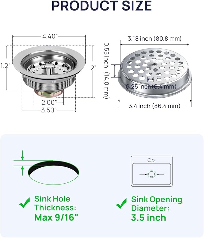 3-1/2 Inch Commercial Kitchen Sink Drain Assembly - Stainless Steel Construction, Dual Strainer Baskets for Drain & Stopper, Fits Restaurant, Food Service, Industrial Sinks