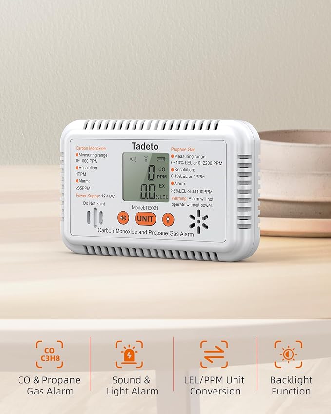 Tadeto RV Carbon Monoxide and Propane Gas Alarm, 12V DC Hardwired CO/LPG Gas Leak Alarm with Light and Audible Indicator, RV Propane Detector with Reset/Backlight for RV/Trailer/Camper