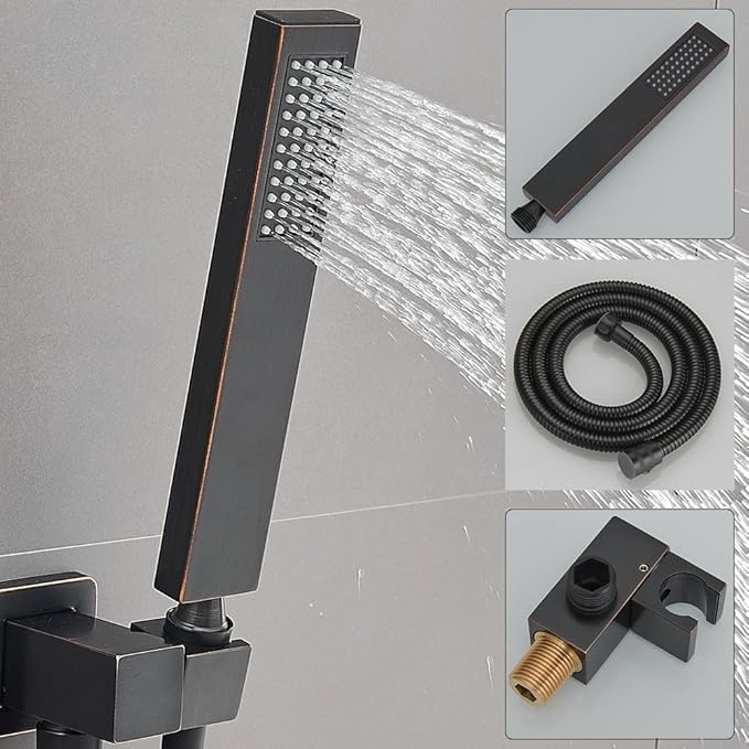 16 Inch Ceiling Mount Oil Rubbed Bronze Shower System Bathroom Luxury Rain Mixer Shower Combo Set Ceiling Rainfall Shower Head System (Contain Shower Faucet Rough-in Valve Body and Trim Kit)