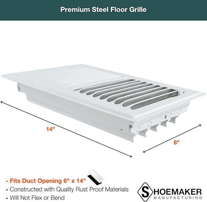 Shoemaker 6x14 Floor Register – Soft White Heavy Duty Metal Floor Vent Cover for Home Floors - Premium Forced Air Vent Covers