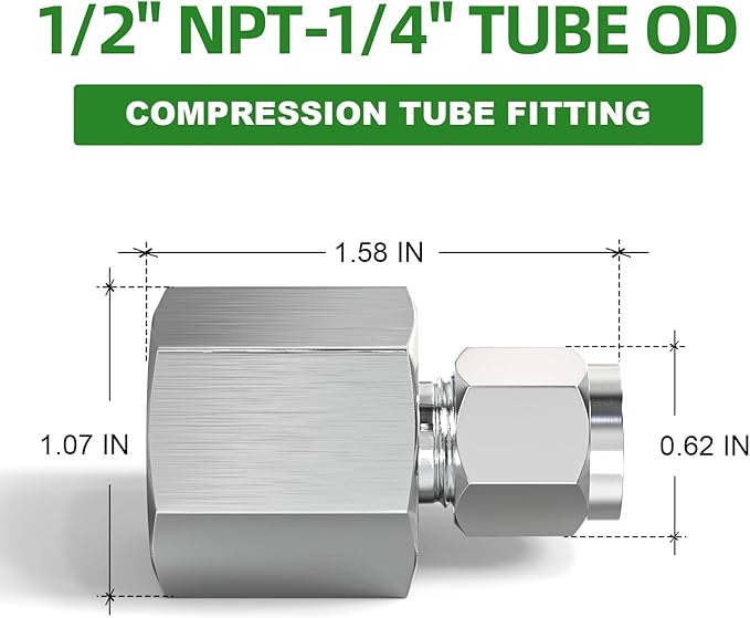 TAISHER 2PCS 304 Stainless Steel Compression Tube Pipe Fitting Connector, 1/4" Tube OD x 1/2" NPT Female Straight Adapter
