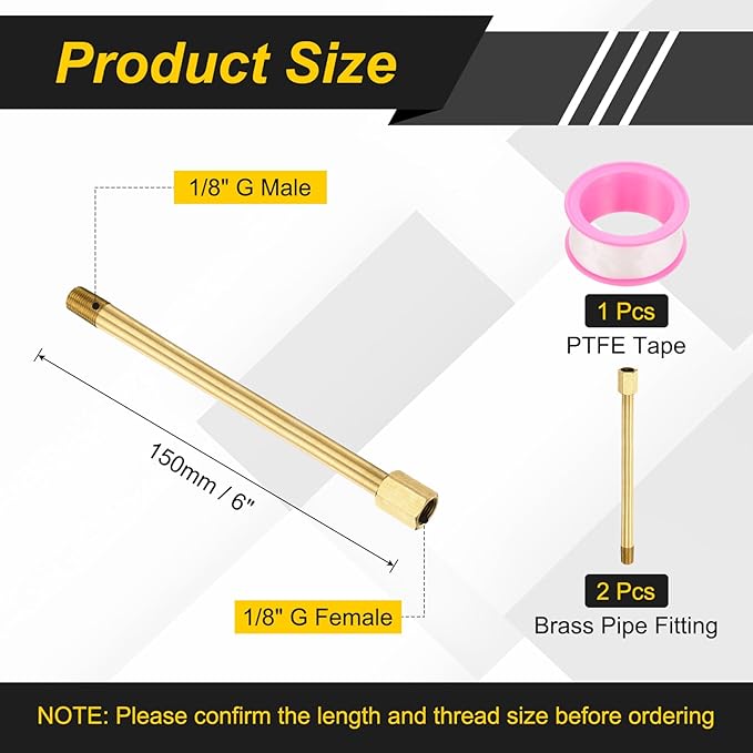 PATIKIL 1/8" g Male x 1/8" g Female Brass Pipe Fitting, Nipple Brass Fitting Extension Pipe Fittings Adapter Connection with Tape 6 Inch / 150mm Length
