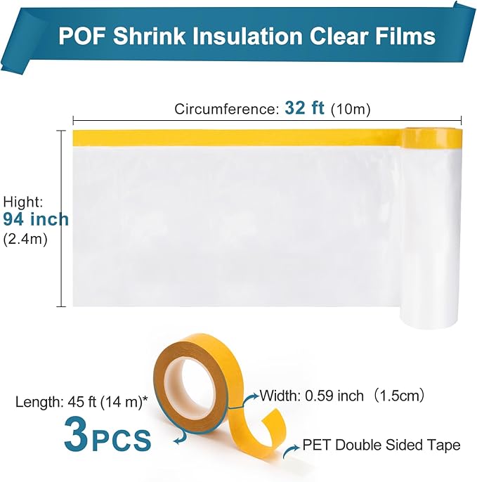 Window Insulation Kit for Winter, Plastic Window Covering 94 Inch Wide × 393 Inch Length with Double-Sided Tape, Insulates Patio Doors & Large Windows Winterizing, 1 Roll Clear