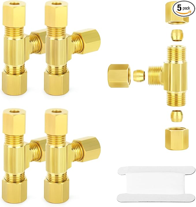 GASHER 5PCS Brass Compression Tube Pipe Fitting Connector, Tee，1/4" x 1/4" x 1/4" Tube OD Connector