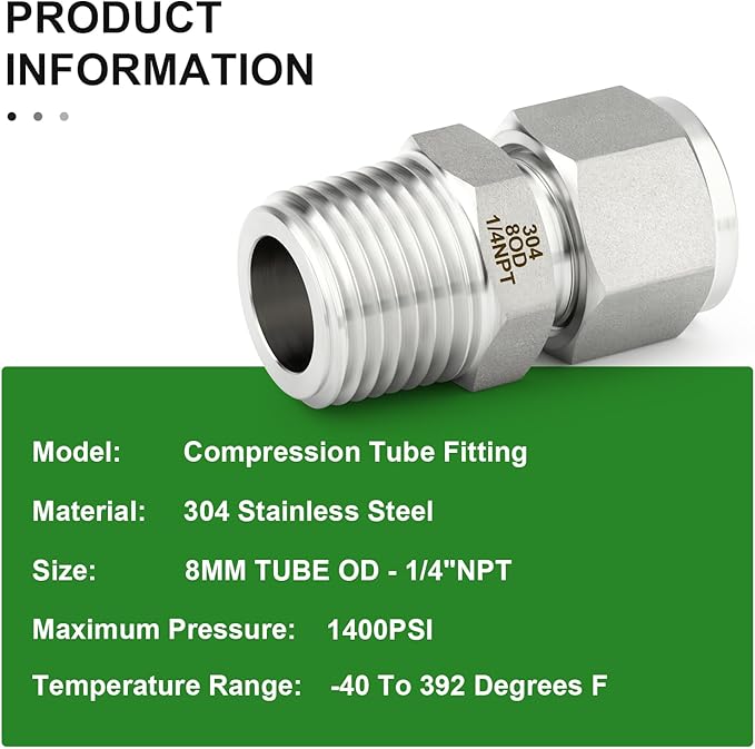 TAISHER 2PCS 304 Stainless Steel Compression Tube Pipe Fitting Connector, 8MM Tube OD x 1/4" NPT Male Straight Adapter