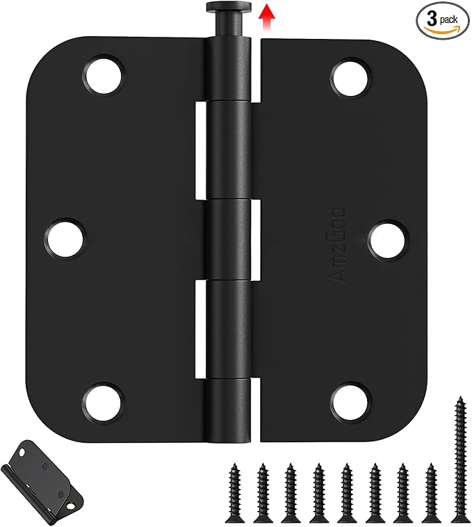 Black Door Hinges - 3 Pack 3.5 Inch Rounded with 5/8" Radius Matte Black Door Hinges for Interior and Exterior Doors - Heavy Duty 3 1/2" Residential Door Hardware