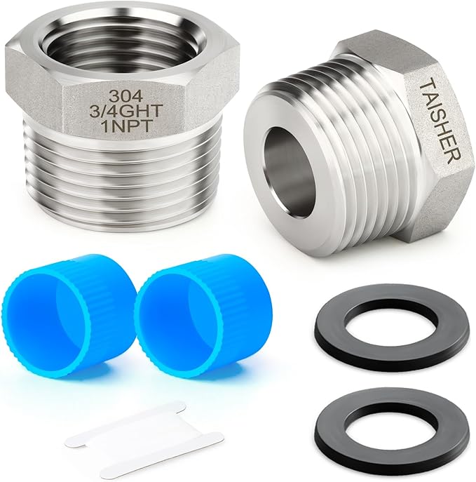 TAISHER 2PCS 304 Stainless Steel Garden Hose Adapter, Hex Bushing 3/4" GHT Female x 1" NPT Male Garden Hose Connector