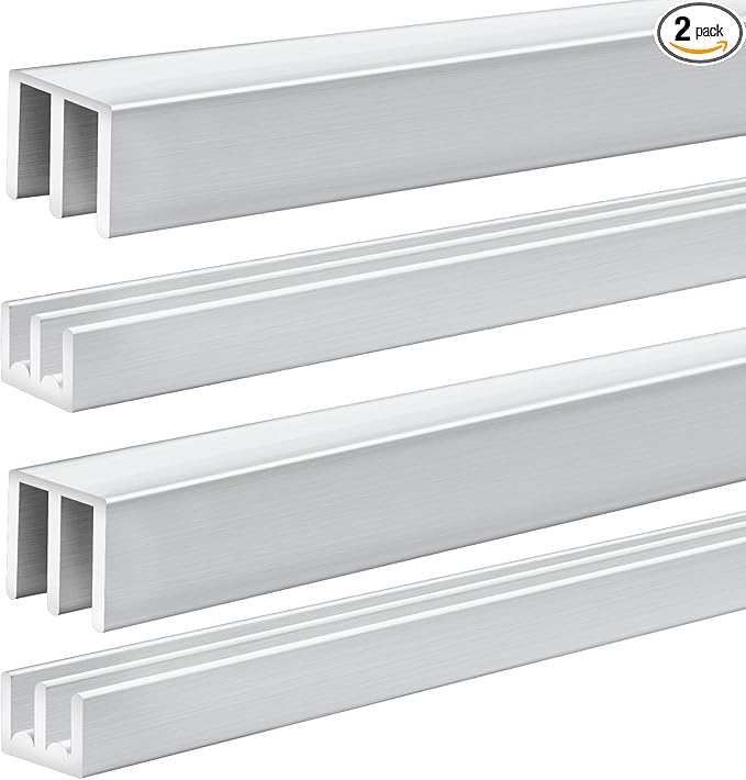 Landical 2 Set 4 Ft Long Metal Sliding Door Track Set for 1/8" Thick Panels Glass Cabinet Door Hardware System Window Sliding Track Quick Easy Installation (Silver)