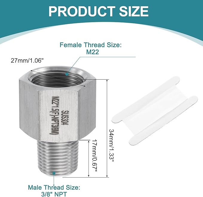uxcell Pipe Fitting Reducing Adapter, 3/8" NPT Male x M22 Female 304 Stainless Steel Reducer Connector for Water Oil Air Pressure Gauge, Silver