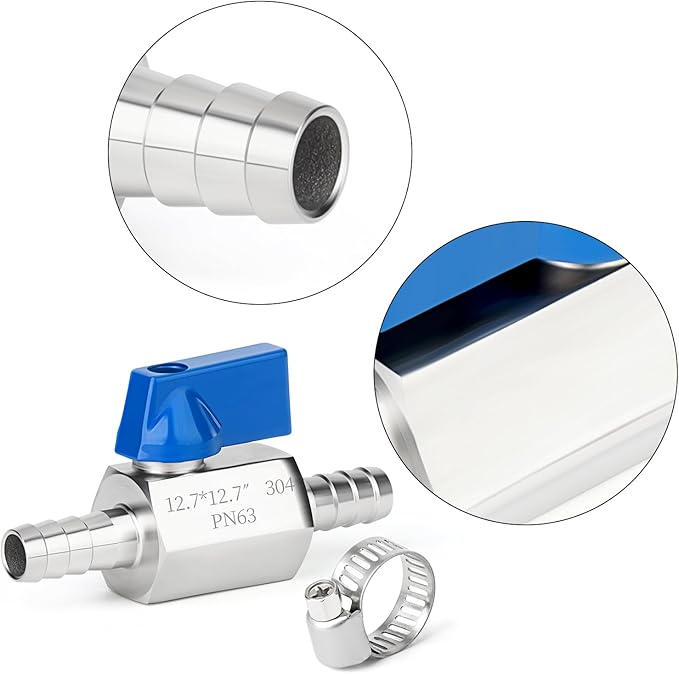 TAISHER 2PCS 304 Stainless Steel 1/2" Mini Ball Valve Shut Off Switch, 1/2" Hose Barb with 4PCS Hose Clamps