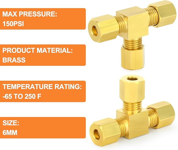 GASHER 2PCS Brass Compression Tube Pipe Fitting Connector, Tee，6mm x 6mm x 6mm Tube OD Connector