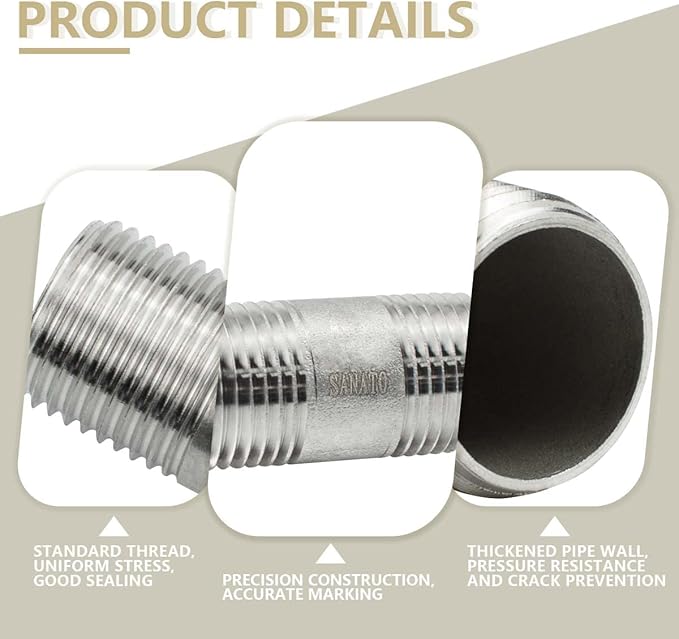 SANATO 1 Pcs SS 304 Forging Nipple Cast Piple, 1/4" NPT x 1/4" NPT Male Threaded, 50mm Piple Fittings