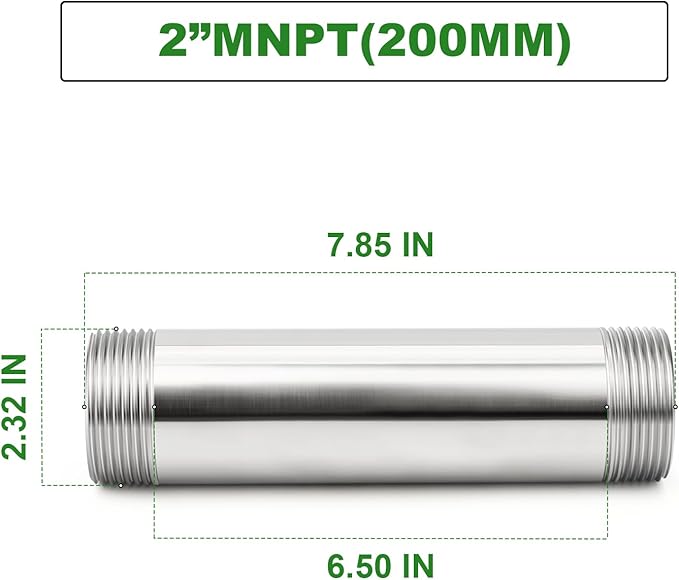 TAISHER 1PCS Stainless Steel Pipe Fittings, 2" NPT Male x 2" NPT Male Threaded, 8" Length Nipple Cast Pipe