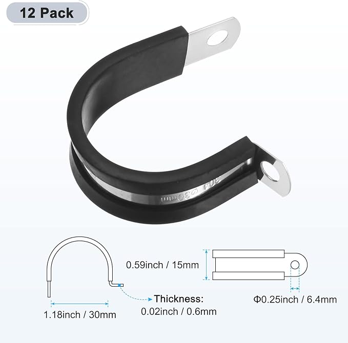 12-Pack Cable Clamps, 1-3/16 Inch/ 30 mm 304 Stainless Steel Rubber Cushioned Insulated Cable Clamp R Shape Metal Holder for Tube/Wire/Pipe/Loop Installation