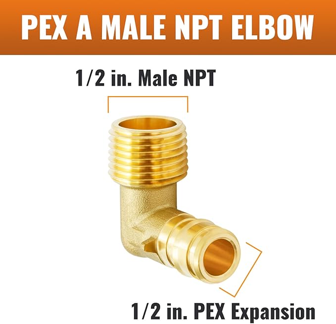 SUNGATOR 2-Pack PEX A Expasnion 1/2"x 1/2" Male NPT Elbow Threaded Adapter Brass Fitting, No Lead Brass, ASTM F1960 ONLY For Pex-A Tubing