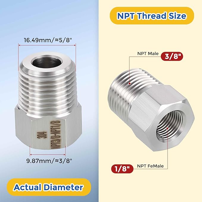 5 Pack 304 Stainless Steel Pipe Fittings, 3/8" MNPT to 1/8" FNPT Hex Bushing Reducer, Hose Tube Threaded Adapters for Air, Oil, LP, Gas
