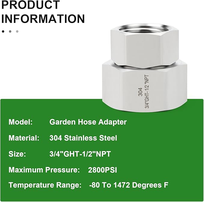 TAISHER 2PCS 304 Stainless Steel Garden Hose Adapter, 3/4" GHT Female x 1/2" NPT Female Garden Hose Connector with Washers