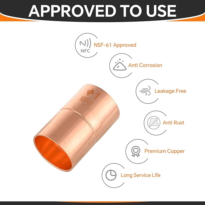HeSun 10-Pack Copper Fittings, 1-Inch Copper Coupling with Rolled Stop, C x C with Sweat Solder Connection