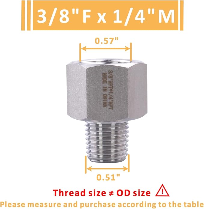 Forged Reducer Adapter Fitting - Stainless Steel 304 Reducing Pipe Connector, 3/8" NPT Female x 1/4" NPT Male (pack of 2)
