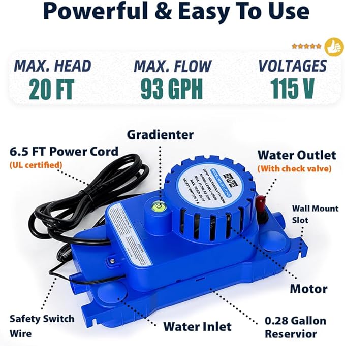 1/10 HP 93 GPH 20ft Max Head HVAC Condensate Pump, 115V w/Automatic Safety Switch, Removal Drain Pump for Air Conditioner, Dehumidifier, Ice Maker, Furnace, AC unit, Low Profile