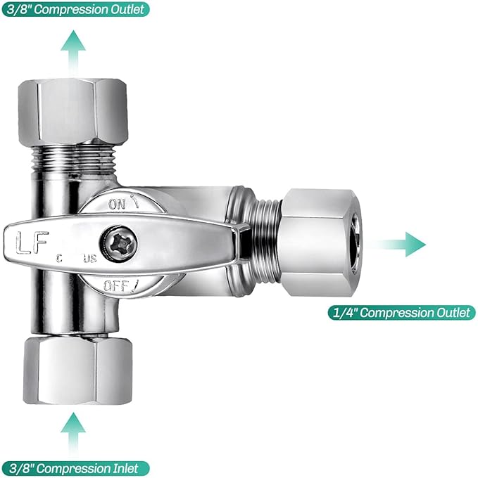 Lead-Free Brass 2Pcs Chrome-Plated Add-A-Tee 3-Way,3/8 Inch x 3/8 Inch x 1/4 Inch Angle Stop Valve For Reverse Osmosis Water Filters,Ice Maker,Refrigerator