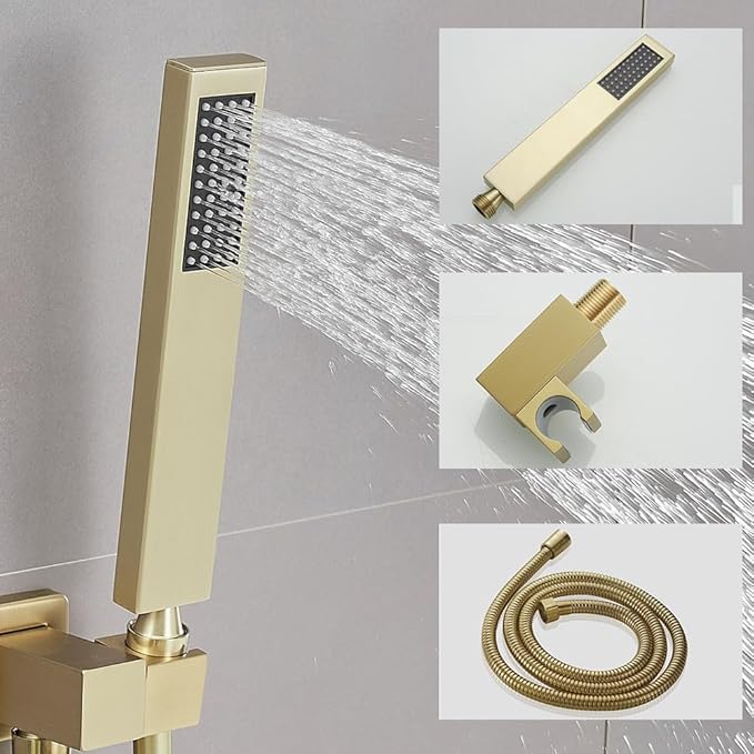 10 Inch Ceiling Mounted Shower System Rain Mixer Shower Combo Set Rainfall Shower Head System ‎Brushed Gold Shower Faucet Rough-in Valve Body and Trim Kit Included