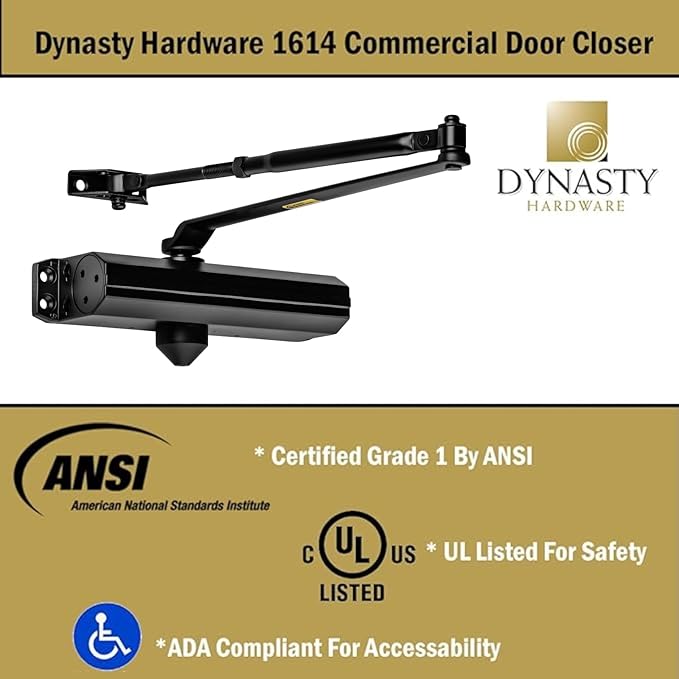 Dynasty Hardware Door Closer, Grade 1 Heavy Duty Commercial Hydraulic Closer, Self-Closing, Adjustable Spring Size 1-4, ADA Compliant, Surface Mount, Black, Series 1614
