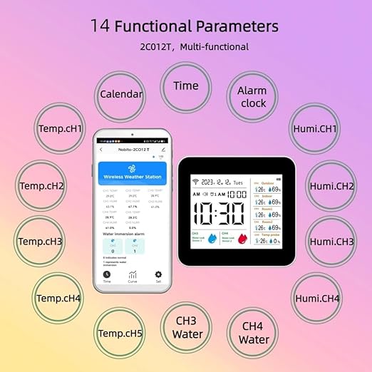 WiFi Smart Weather Station,Water Sensor Leak Detector Alarm for Kitchen, Bathroom,Flood Water Leakage,Indoor and Outdoor Wireless Temperature and Humidity Meter，Thermometer Probe for Aquarium