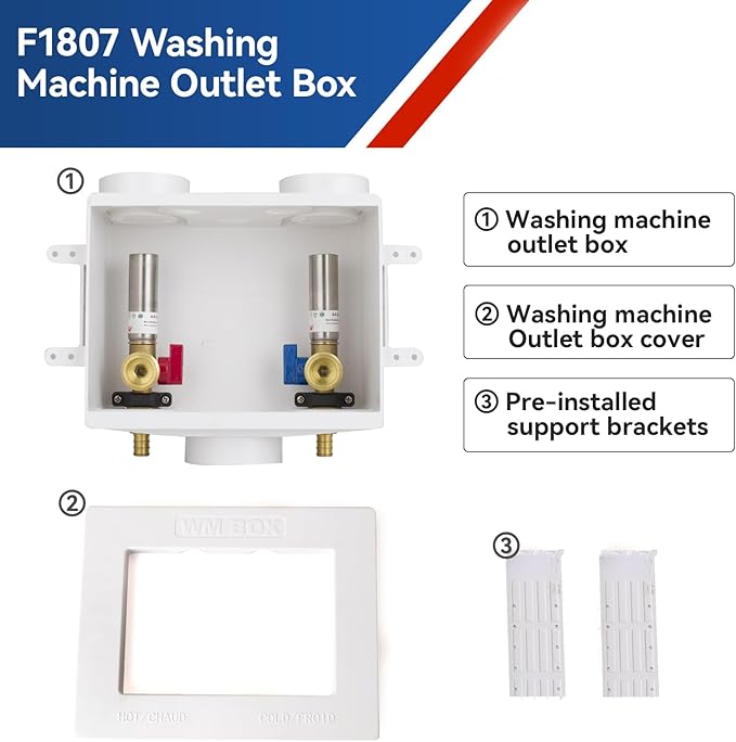 Washing Machine Outlet Box with Water Hammer Arrestor,1/2 Inch PEX F1807 Inlet Connection,3/4 Inch MHT Outlet Male Thread Connection, PEX Box with Center Drain with 1/4-Turn Ball Valve