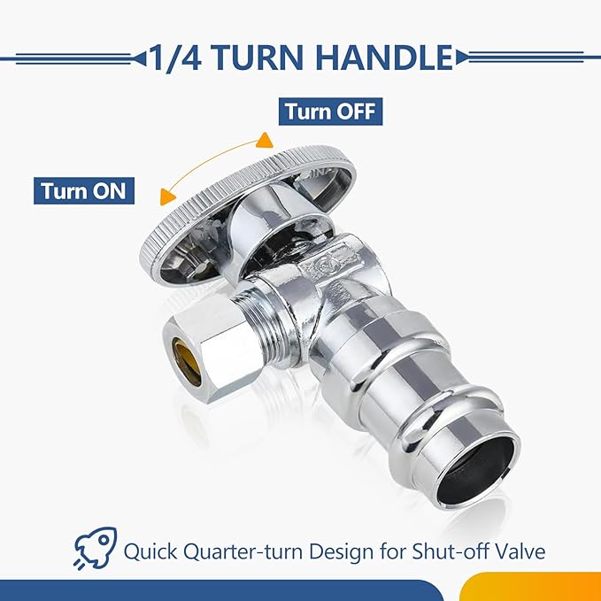 5-Pack GUOFIS Angle Stop Valve,1/2" Nominal Press Inlet x 3/8" OD Compression Outlet,1/4-Turn Shut-off Valve for Potable Water(Chrome Plated)(VALVE393-5Pack)
