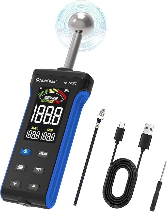 HOLDPEAK Pinless Wood Moisture Meter, Non-Destructive Moisture Meter for Wood, Concrete, Floors, Walls, Measuring Depth 20-40mm Digital Moisture Meter with Masonry-Spherical Sensor, Large LCD Display