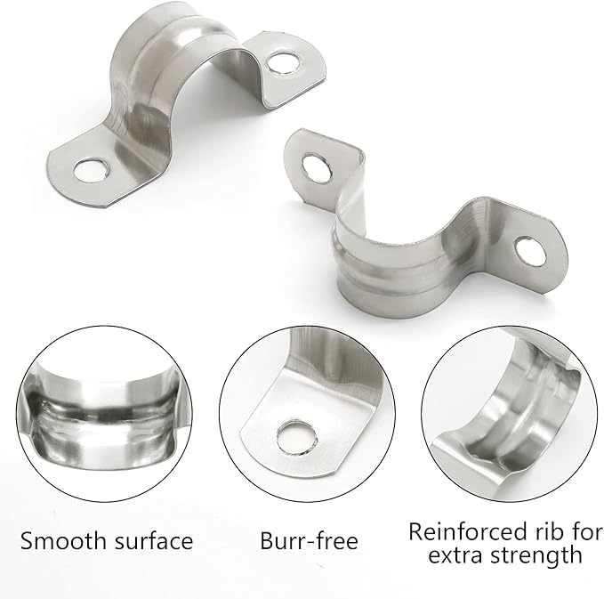 100PCS M12 (1/2 Inch) Stainless Steel Rigid Pipe Hole Strap, U Bracket Pipe Strip Cable Clamp Hanger with 2 Holes Fit for 1/2 inch Pipes OD