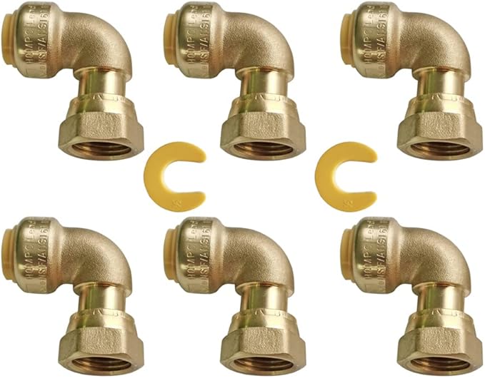 HQMPC Push Elbow Coupling with Union 1/2"X1/2" 6Pcs Push-to-Connect Plumbing Fittings Brass Pipe Connector Fittings for Copper PEX CPVC
